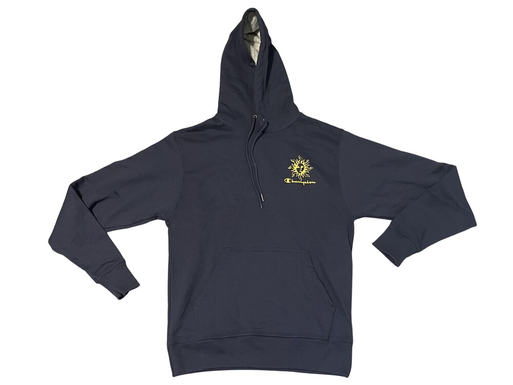 Champion Hoodie Mens Small Navy Blue Sun Graphic Pullover Sweatshirt Back